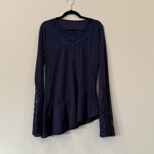 Embellished Navy Asymmetrical Tunic Lace Long Sleeves Size Large